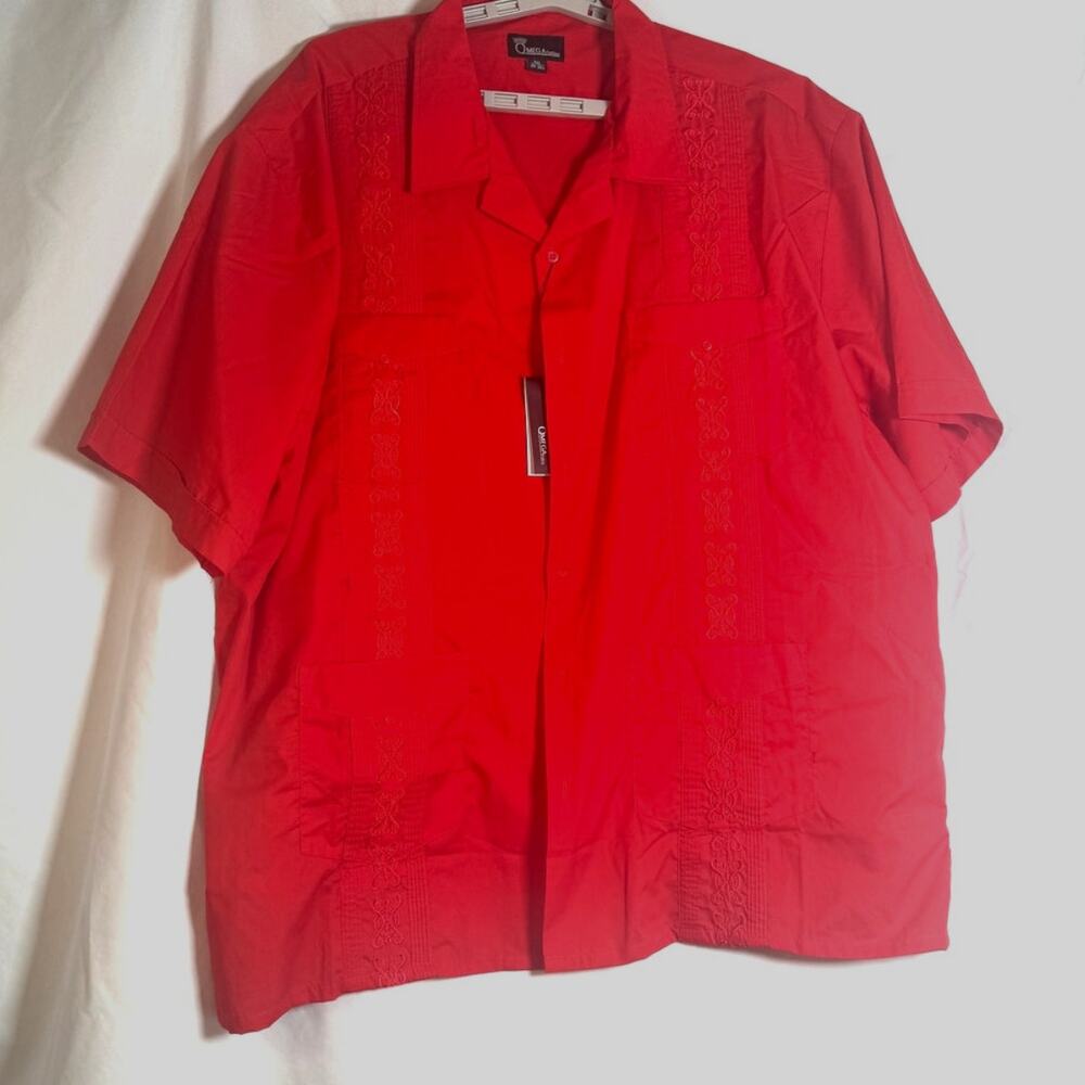 Omega Fashion Men’s Red Guayabera Shirt 4XL Short Sleeve Button Down